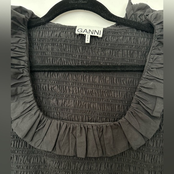 GANNI Black Ruffle cotton poplin smocking Blouse peplum square open neck size 34 - Picture 7 of 7